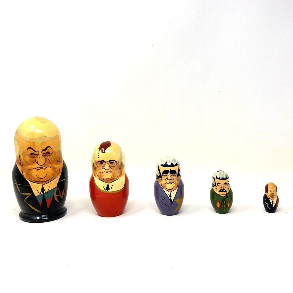 Stacking Russian Politicians Circa Vintage 6 Doll Set Hand Painted Wooden